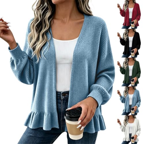 GOSEAGOTOFUN Sweater Cardigan Women Waffle Knit Open Front Sweater Casual Long Sleeve Ruffle Cardigan Fashion Loose Outerwear 01-Blue Small - image 1