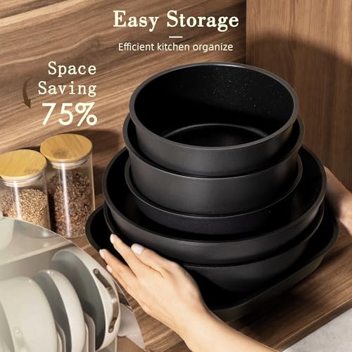 Image of Astercook 23 Pcs Pots and Pans Set Non Stick, Ceramic Cookware Set Detachable Handle, RV Kitchen Cooking Set Removable Handles, Oven Safe, Induction Ready, Stackable, Black, Mothers Day Gifts