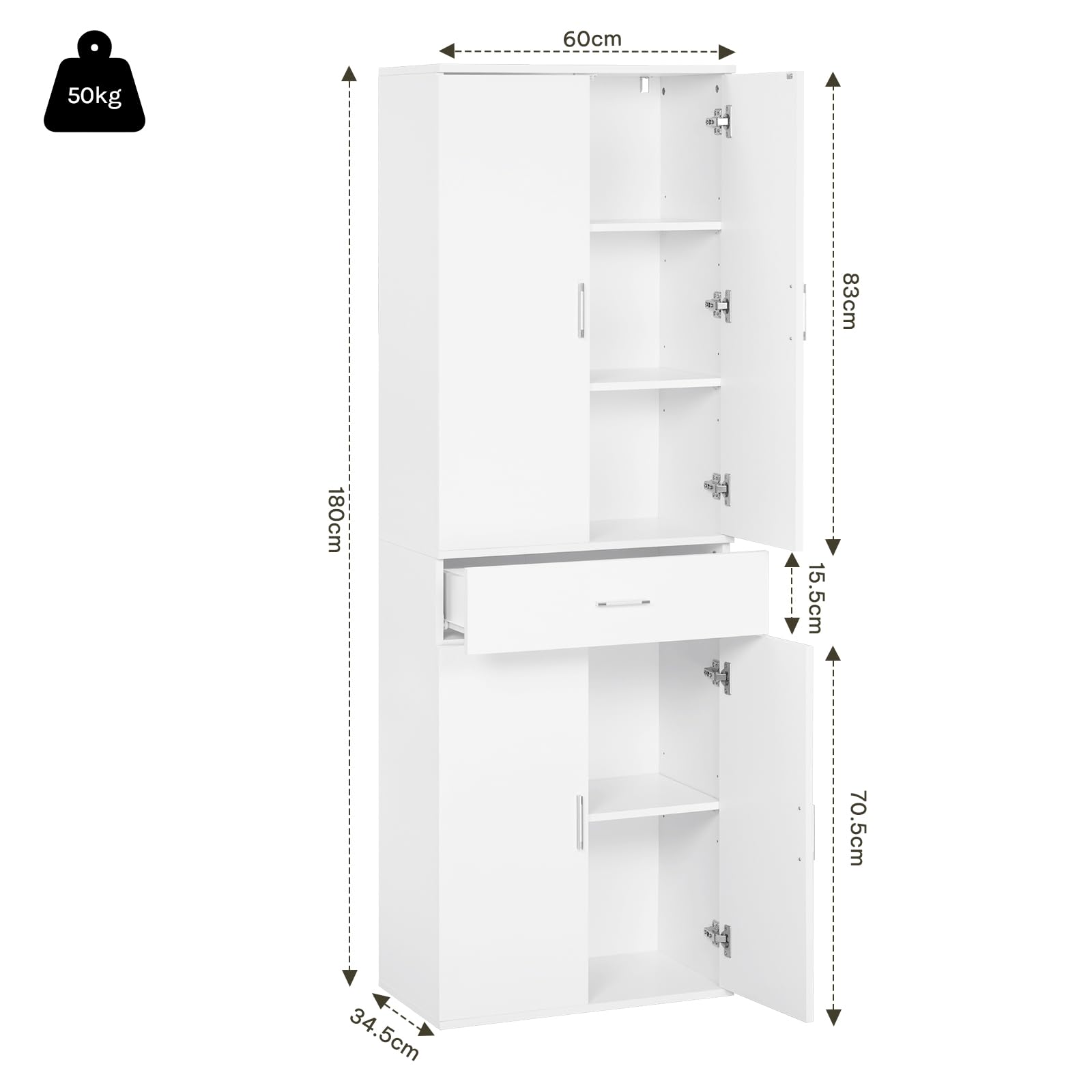 eSituro Meuble Rangement Bureau, Armoire de Rangement, Placard Rangement, 3 Étagères Réglables, 1 Tiroir, en Bois d'Ingénierie, 60x34x180cm, Blanc