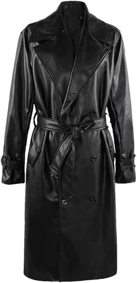 Trench en cuir PU noir pour homme manteau long d'automne style chic et finitions premium