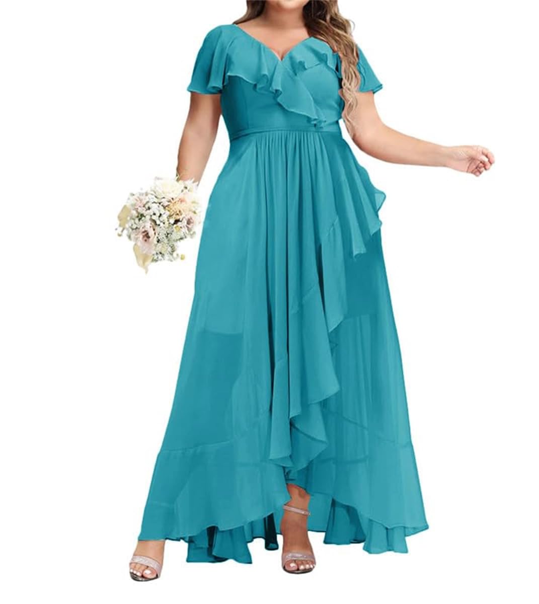 Sayno Women's Turquoise Short Sleeves Bridesmaid Dresses For Wedding With V Neck A-Line Formal Party Gowns Uk20