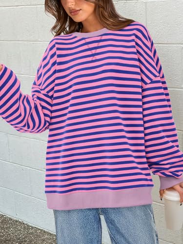Image of PRETTYGARDEN Womens Striped Oversized Sweatshirt Color Block Crew Neck Long Sleeve Casual Loose Pullover Top Y2K Clothes