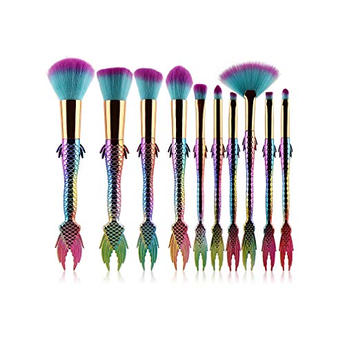 Mermaid Makeup Brush Set,10pcs Professional Makeup Brushes Set Essential Cosmetic Makeup Brushes for Powder Foundation Blush Contour Concealer