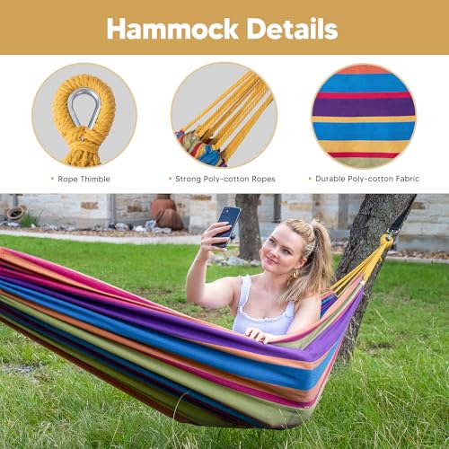 Image of SUNCREAT Portable Large Hammock with Stand, Two Person Hammock with Stand Included, Rainbow Stripes