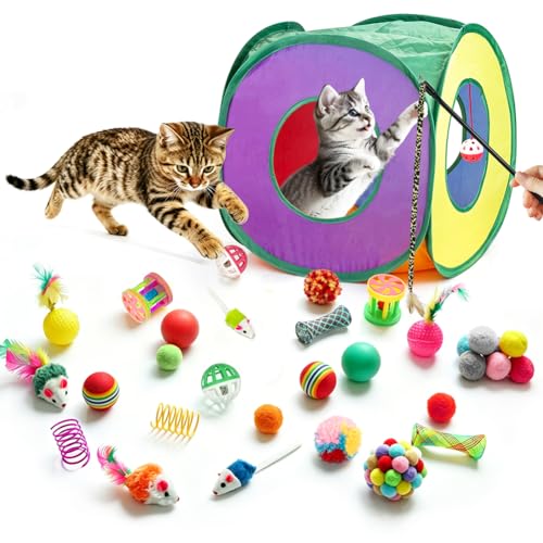 Retro Shaw 33 Pack Cat Toys for Indoor Cats, Collapsible Kitty Tunnel Tent with Feather Teaser Wand,...