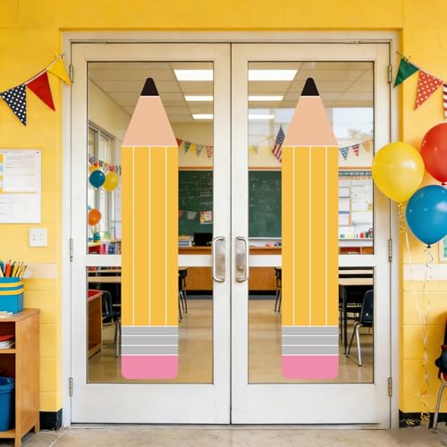 Image of Whaline 39.4'' Extra Large Pencil Window Clings Back to School Decoration | Double Sided Reusable Anti-Collision Windows Decals for First Day of School Reading Classroom Door Wall Decor, 2 Sheets