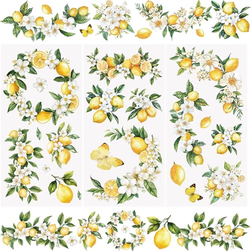 WANDIC 3 Bogen Rub on Sticker Zitronen - Wasserfest Transferaufkleber für Möbel und Glas im Sommer Design - für DIY Kunsthandwerk sowie Dekoration von Fotoalbum Scrapbook und Geschenk 15x30 cm