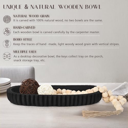Oakrain Wooden Decorative Bowl for Home Decor, 16" Rustic Dough Bowl with Hand Carved Vertical Stripes, Long Wood Tray for Table Centerpieces, Matte Black by Oakrain - Image 4