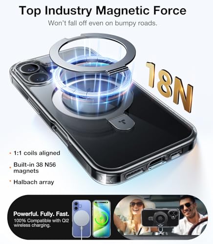 Image of TORRAS Magnetic for iPhone 16 Case with Stand, Built-in Stand Compatible with MagSafe, 12 FT Military-Grade Protection, Translucent Slim Phone Case for iPhone 16 6.1'', Crystal Clear