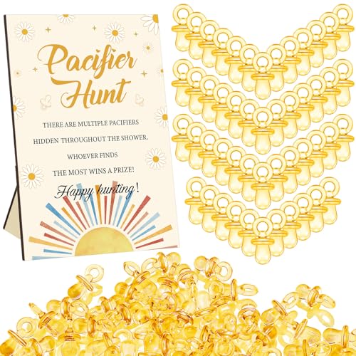 Image of Thyle 51 Pcs Here Comes The Son Pacifier Hunt Baby Shower Games Boho Sun Decorations Include Hunt Sign and 50 Acrylic Pacifiers for Baby Shower Game Decoration Gift Sets Gender Reveal Party Decor