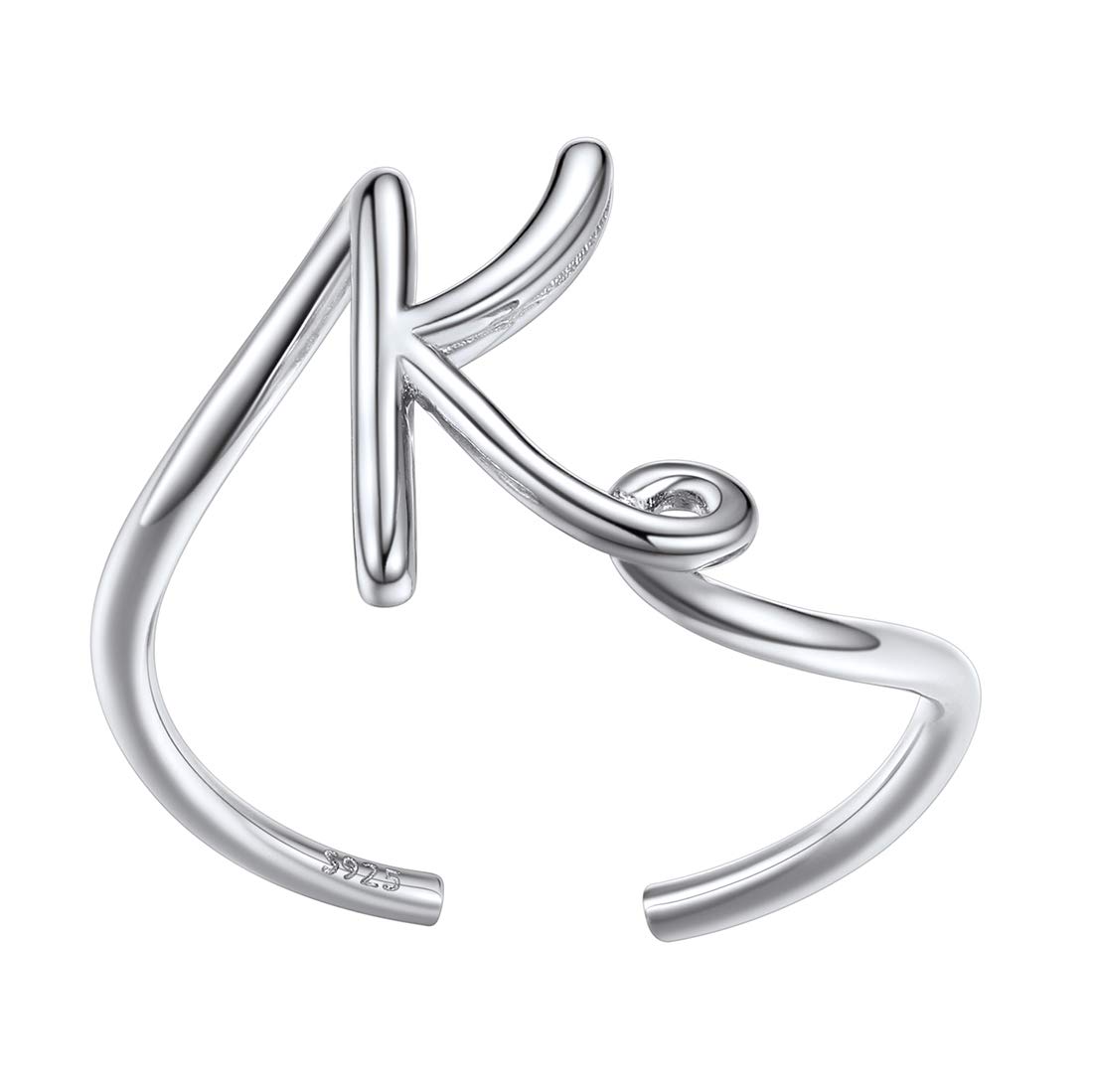 SILVERCUTEInitial K Ring for Women Stacking Finger Jewelry Sterling Silver Cute Twisted Band Letter A-Z End Open Adjustable Ring, Sterling Silver