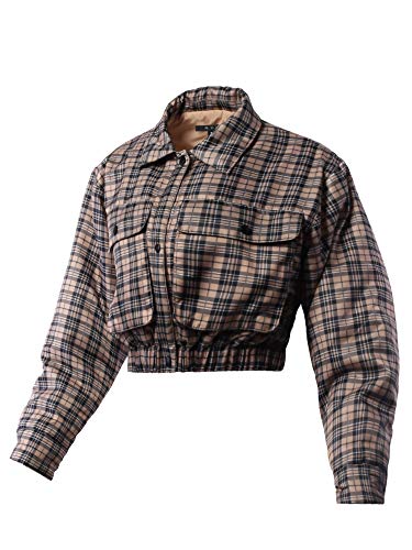 A2Y Cozy Khaki Plaid Cropped Quilted Bomber Jacket - Perfect for All Seasons! - Image 2