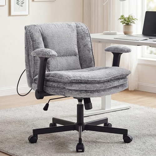 Image of Criss Cross Chair with Wheels and Flip Arms, Upholstered Cross Legged Office Chair with 3 Layer Cushions&Dynamic Airbag Lumbar Support, Wide Seat Comfy Desk Chair for Home Office, Living Room, Grey