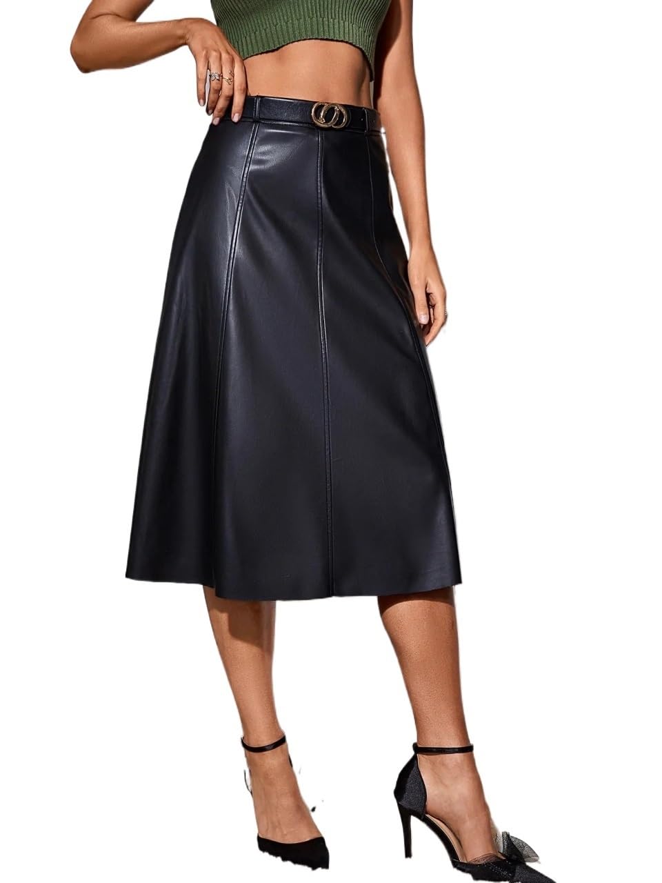 Gonna Pelle，Gonna Pelle Donna Gonna svasata in pelle PU da donna Gonna longuette solida a vita alta retrò Elegante gonna chic da donna con cintura