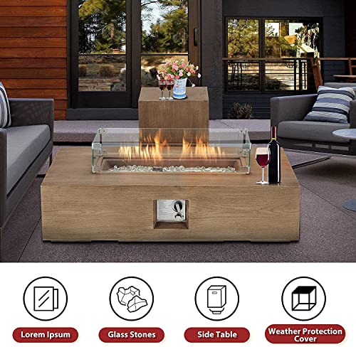 ECOTOUGE-48Inch-2-Piece-Outdoor-Propane-Gas-Fire-Pit-Table-50000-BTU-Auto-Ignition-Rectangular-Fire-Table-w-Tank-Holder-Wind-Guard-Weather-Resistant-Waterproof-Cover-Glass-Stone