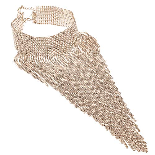 Preisvergleich Produktbild Lätzchen Aussage Halskette für Frauen Gold Quaste Choker Kragen Kette Lange Breite Sparkly Diamante Kristall Damenmode Trendy Schmuck Zubehör für Club Hochzeitsgesellschaft mit Geschenkbox GUN23 Gold