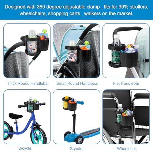Image of Accmor Stroller Cup Holder, Universal Cup Holder for Walker Wheelchair Bike | 360 Rotatable Attachment Accessories for Uppababy Nuna Doona Strollers Scooter