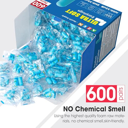 Image of AZEN 600 Pairs Ear Plugs, NRR 32dB Soft Foam Ear Plugs for Sleeping Noise Cancelling, Earplugs for Concerts Shooting Swimming Noise Reduction,Individually Wrapped (Lake Blue)
