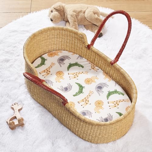 Image of TILLYOU Baby Bassinet Sheets for Girls Boys 2 Pack Baby Sheets for Square Rectangle Oval Bassinet Mattress 33X16 Inch, African Steppe & Grey