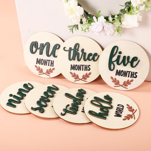 Image of 7pcs Wooden Baby Monthly Milestone Cards, Newborn Boy and Girl Announcement Signs 1-12 Months Discs Marker Cards Pregnancy Journey for Expecting Mom Gift