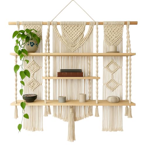 Image of Decazone Large 3-Tier Macrame Wall Hanging Shelf | Handmade Wooden Bookcase & Boho Wall Decor | Rustic Storage Organizer for Home, Office, School, Study Room Open Display & Utility