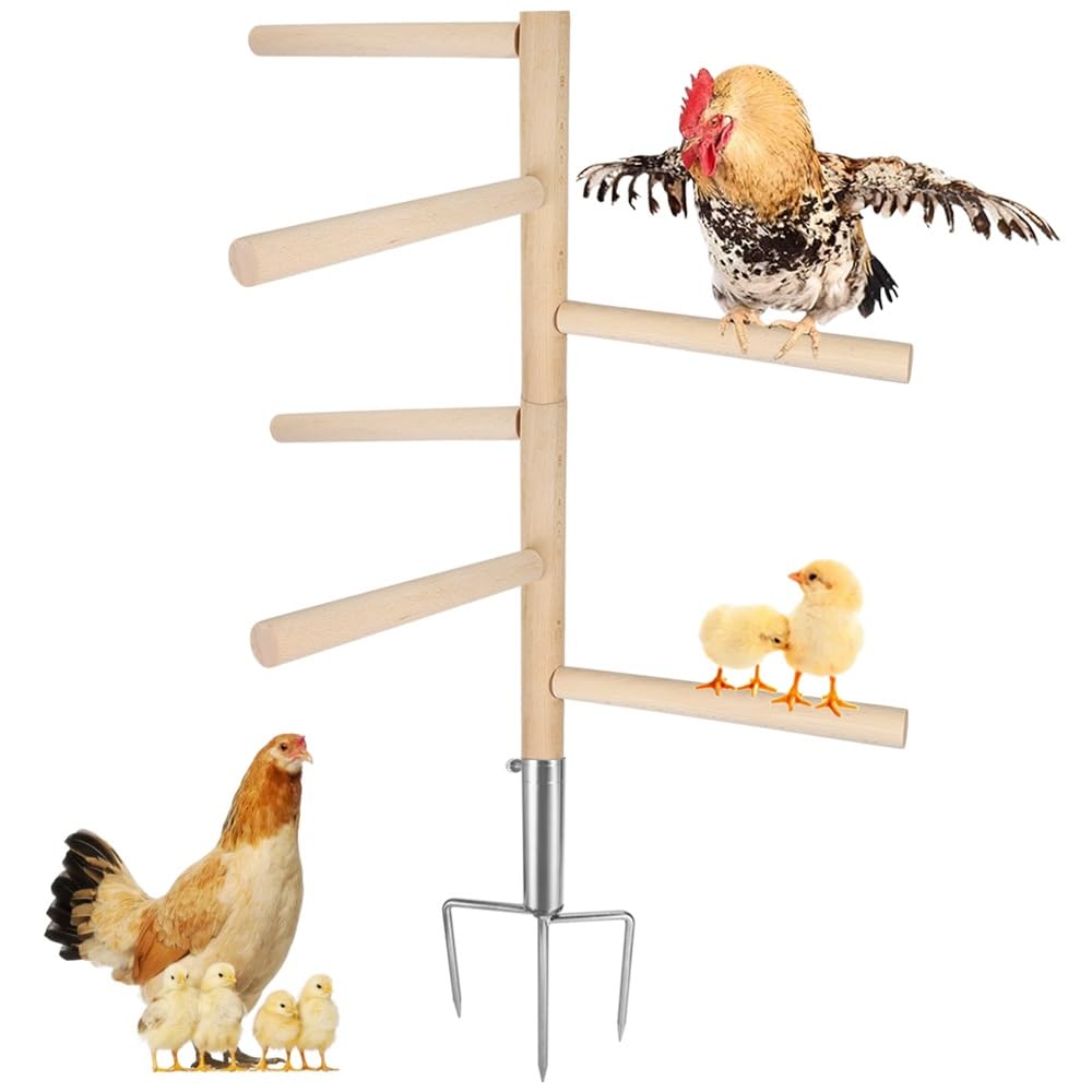 Kalekey Extra Large Chicken Perch Toy for Coop, 39.4" Roosting Bar for Chicken Coop Toys, Chicken 6 Branches Perch Stand Wooden with Metal Tripod