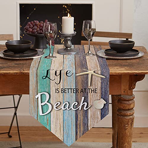 Anoreya 13X72 Inch Beach Table Runner, Dresser Scarf For Kitchen, Dining, Family Dinner, Wedding Decoration, Cotton Linen Table Runners, Summer Ocean Style Shells Starfish Wood Grain #TOP1