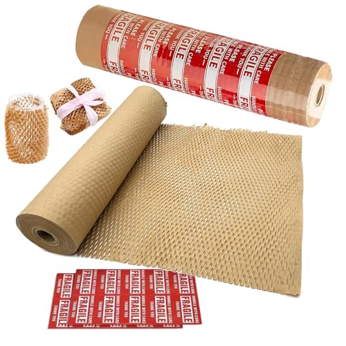 Honigwaben-Verpackungspapier 38cm breit Umweltfreundliches recycelbares & biologisch abbaubares Polstermaterial für Umzug Produkte & Geschenke inkl. 20 Zerbrechlich-Aufklebern (38cm x 18m)