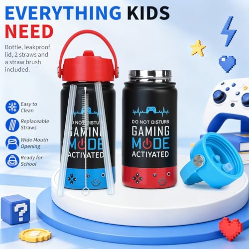 Image of Kids Insulated Water Bottle with Straw Lid, 14oz Double Wall Vacuum Stainless Steel Tumbler, Leak Proof Reusable Metal School Cup for Boys Girls, Keep Cold 24H Hot 12H (Blue-Red-A(Pack 2))