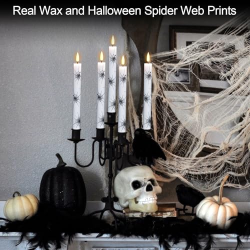 Image of GenSwin Real Wax Flameless Taper Candles, 4 Pack Halloween LED Taper Candles Battery Operated with Remote Timer, Flameless Candlesticks with Spider Web Prints for Halloween Decoration (0.75 inch x 9.65 inch)