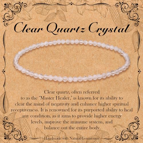 BONNY BOXX Natural Genuine Gemstone Faceted Round Beads Bracelets 3mm Adjustable Stretchy Tiny Faceted Clear Quartz Crystal Bracelet Healing Crystal Reiki Chakra Dainty Jewelry Fashion Gifts