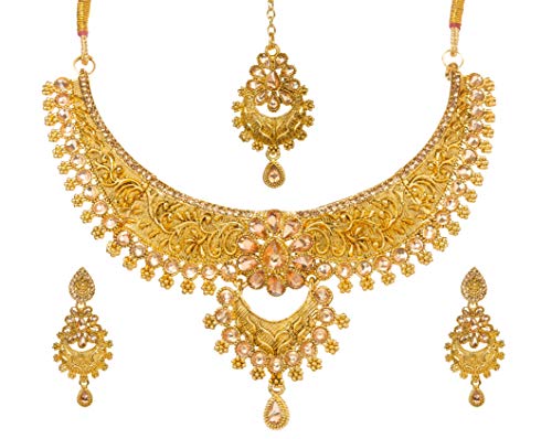Bindhani Indian Jewelry Wedding Party Wear Bridal Bridemaids Crafted Golden Kundan Choker Necklace Earrings Tikka Set Designer Bollywood Style Jewellery Tika Set For Women