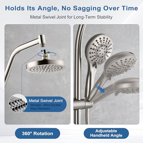 BRIGHT SHOWERS Rain Shower Head with Handheld Combo, Dual Shower System with Slide Bar, Rain Shower System, Adjustable Height, Brass Slide Bar & Diverter, 60 Inch Stainless Steel Hose, Brushed Nickel by BRIGHT SHOWERS - Used condition - Image 6