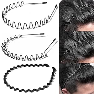 MOWO Headband Set of 3, Men’s, 3 Types, Painless, Rust Resistant Plating, Springs, Hair Band, Wavy Shape, Comb, Anti-Slip, Black, Simple, Fixed Bangs, Firm, Stylish, Hair Ornament, Cleansing, Women’s, Unisex