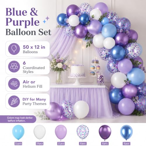 Image of Blue and Purple Balloons Set, 50 PCS Blue 12 Inch Mermaid Balloon, Metallic Purple White Latex Ballons Confetti Helium Balloons for Girls Mermaid Birthday Party Baby Shower Winter Supplies