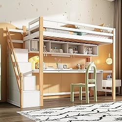 ZYLOYAL10 90 x 200 cm cama alta infantil con escalera de almacenamiento, de madera de pino, litera, cama infantil con escritorio grande y estanterías, colores ecológicos, color natural y blanco