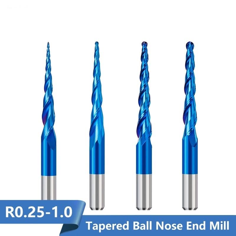 4pcs 2-Flute Tapered Ball Nose Spiral End Mill R0.25-1.0 Carbide Milling Cutter CNC Router Bit Wood Cutters Tools 2D and 3D Engraving Carving Woodworking Bits