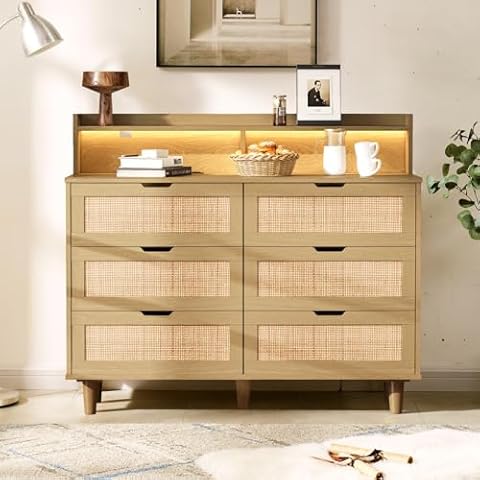 HMHKHN 6 Drawer Dresser with LED Light and Charging Station for Bedroom, Natural Rattan Wood Dressers, Farmhouse Chests of Drawers, Bedside Table for Closet, Living Room and Entryway (Natural) Cover