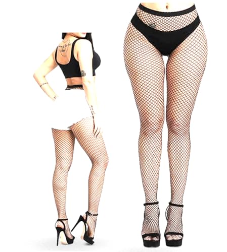 Image of OKU 1 Black Fish net Stockings for Women | Women's High Waist Flower Patterned Tights Legging | Mesh Fishnets Sheer Top Footed Tights Fit All | Gift for her