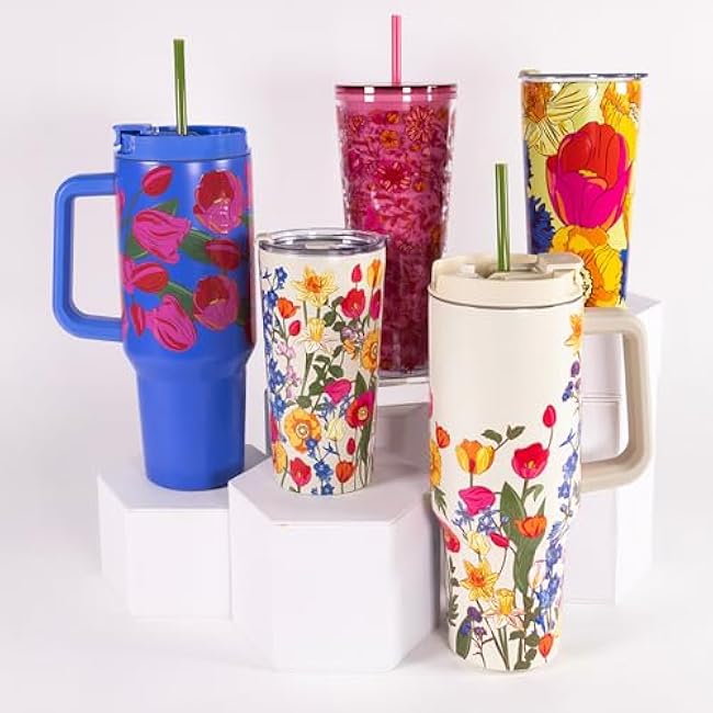 Vera Bradley 20 oz Thermal Mug, Stainless Steel Insulated Travel Cup, Double Wall Tumbler with Lid (Meadow Bouquet Seedpearl)