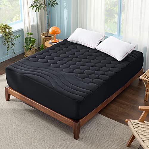 Bedsure Black Queen Mattress Pad - Quilted Fitted Mattress Topper Protector with 8-21 Inches Deep Pocket, Noiseless Breathable Bed Cover Padded, Machine Washable, Black, 60x80 Inches