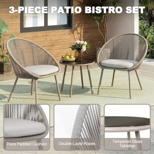 NUU GARDEN 3 Piece Outdoor Bistro Set, Woven Rope Conversation Patio Set, All Weather Patio Furniture Chairs and Table with Cushions for Garden, Deck, Backyard, Balcony, Porch, Beige