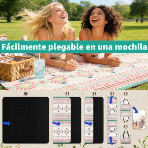 Manta de picnic 200x200 cm Ulikey impermeable y portátil con diseño boho Rosa Streifen 5