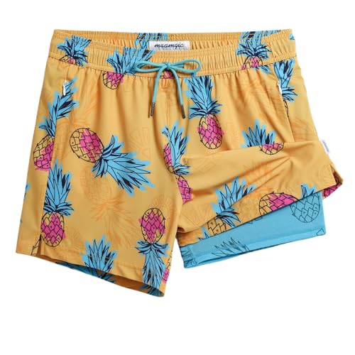 maamgic Men's Swim Trunks 5.5 inch Recycled Beach Shorts with Compression Liner Quick Dry Swim Shorts Zipper Pockets