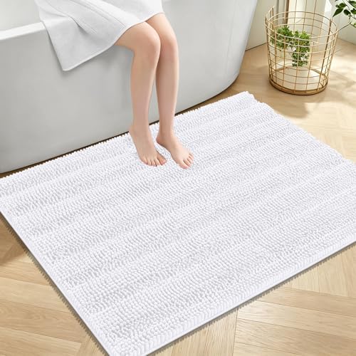 Image of OLANLY Thick Large Bathroom Rugs 40x32, Extra Soft Absorbent Chenille Striped Bath Rugs, Rubber Backing, Machine Wash Dry, Bath Mats for Bathroom Floor, Tub and Shower, Home Decor Accessories, White