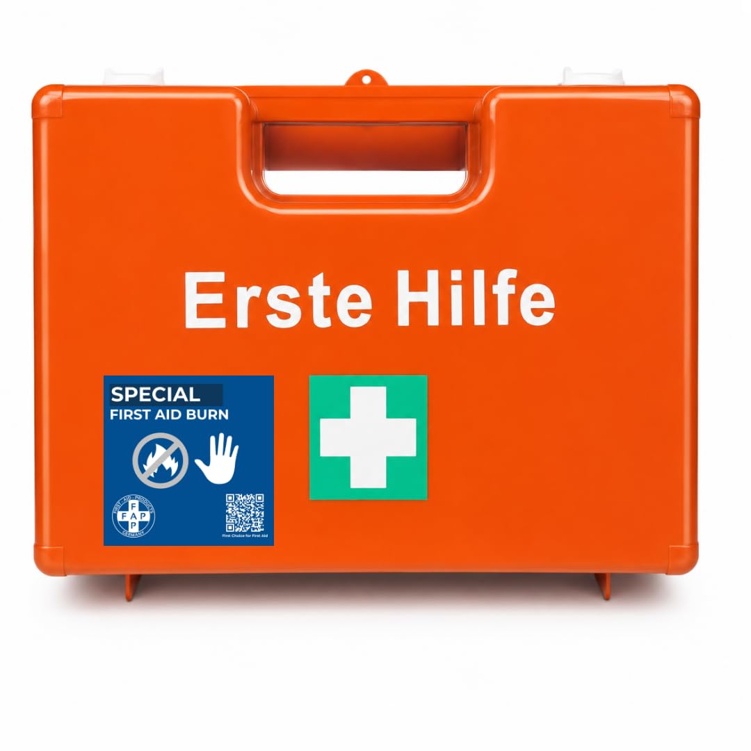 First Aid Products Erste-Hilfe-Kasten Hitze & Feuer orange - inkl. DIN 13157 | Burngel | Augenspülung | Kühlspray | 85-teilig | | bis 20 Personen | Erste-Hilfe-Koffer Schweißarbeiten
