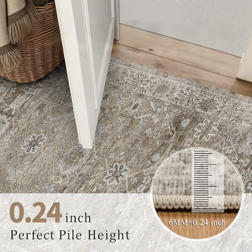 Image of 9x12 Washable Area Rug for Living Room Bedroom Grey Brown Low Pile Soft Non-Slip Boho Rug for Under Table Vintage Distressed Carpet for Bedroom Kitchen Office Dining Room Antique /Moss