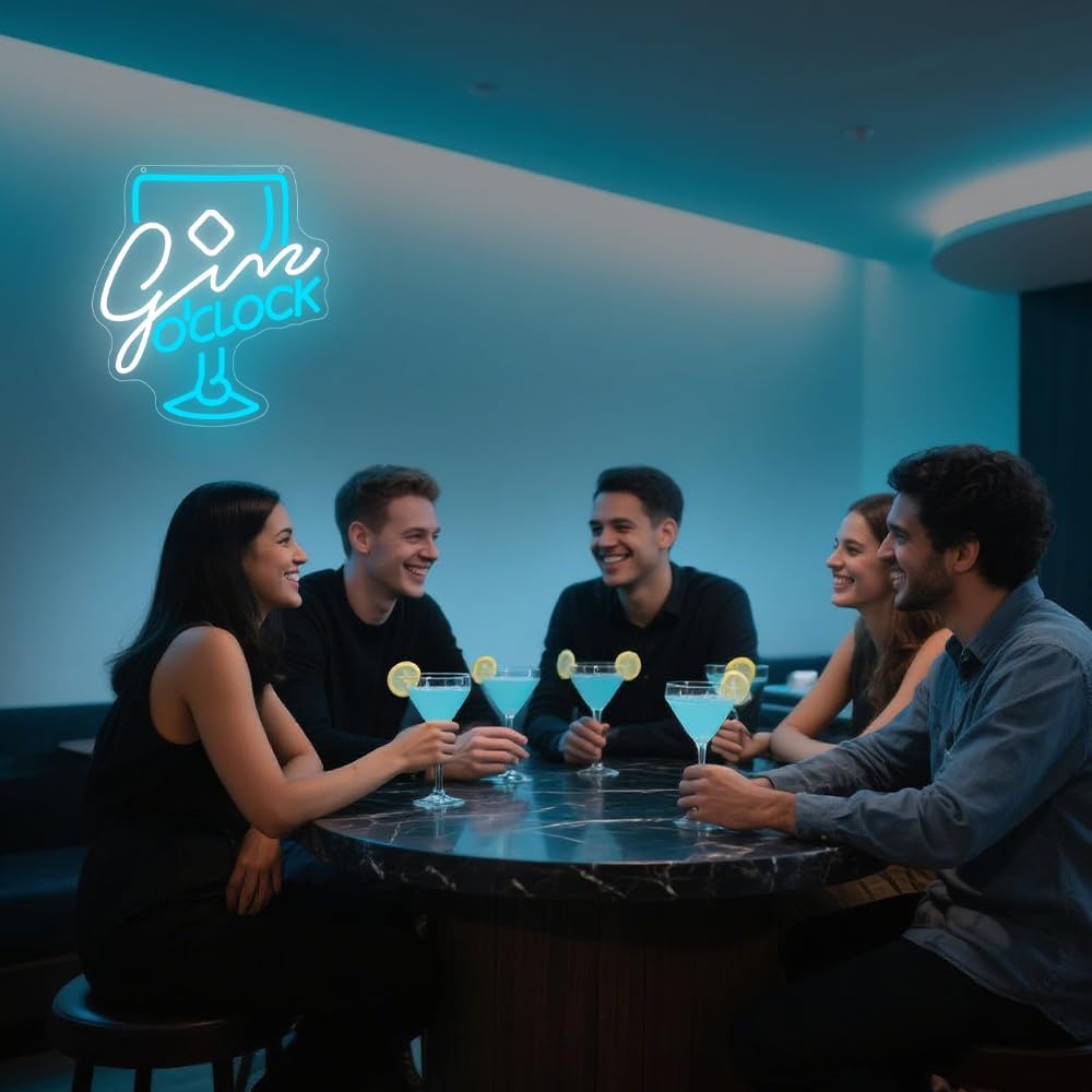 Bar Neon Sign, Cocktails LED Neon Light Signs for Wall Decor Gin O‘clock LED Light up Sign for Party Home Bar Pub Night Club Bistro Man Cave Decoration USB Powered(13.4"*12")