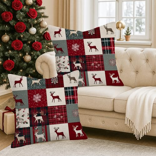 Housse de coussin Noël patchwork rennes rouge vert pour maison - 5