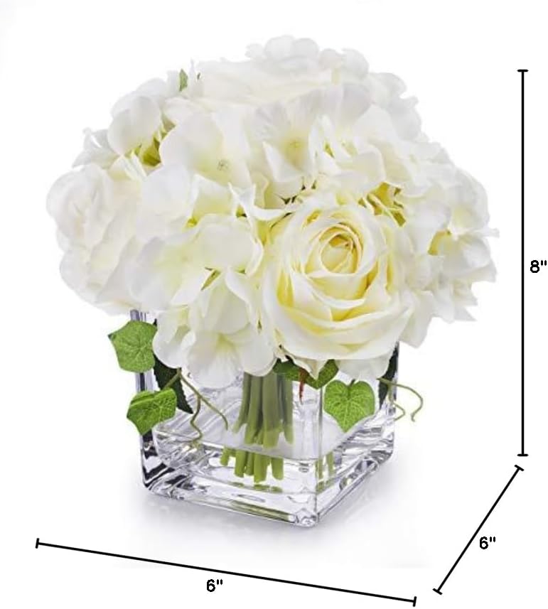 Miniatura 4 de ENOVA HOME Arreglos de flores artificiales de rosas y hortensias de seda en jarrón de cristal para boda en casa (crema)